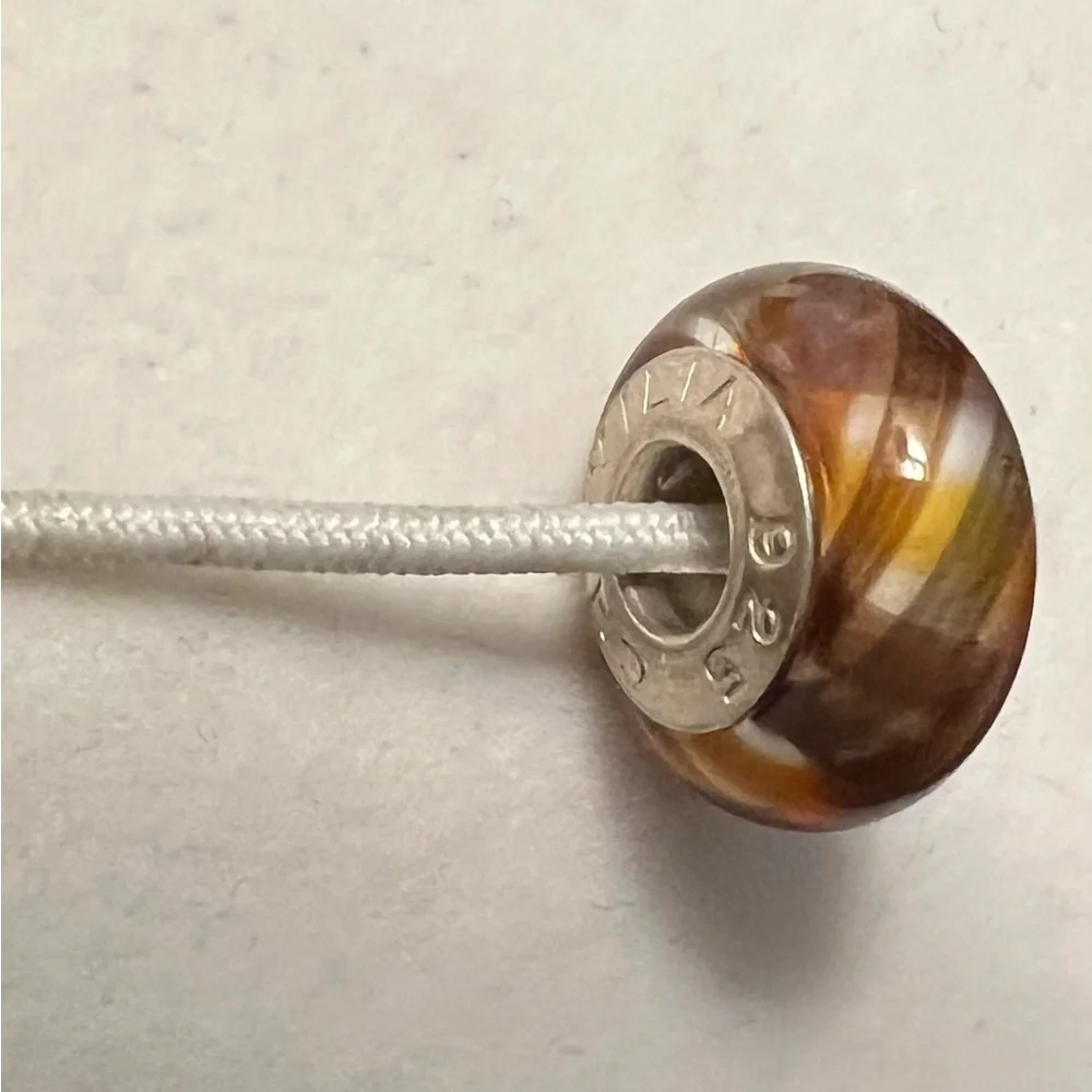 Chamilia Vivance Brown Plaid Murano Charm Bead EUC CHAMILIA .925 Core #247 - Picture 3 of 6